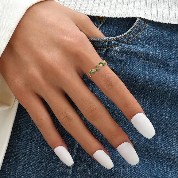 Womens 18K Gold Plated Ring | Open Adjustable Ring | Cubic Zirconia Leaf Ring - Picture 3 of 6